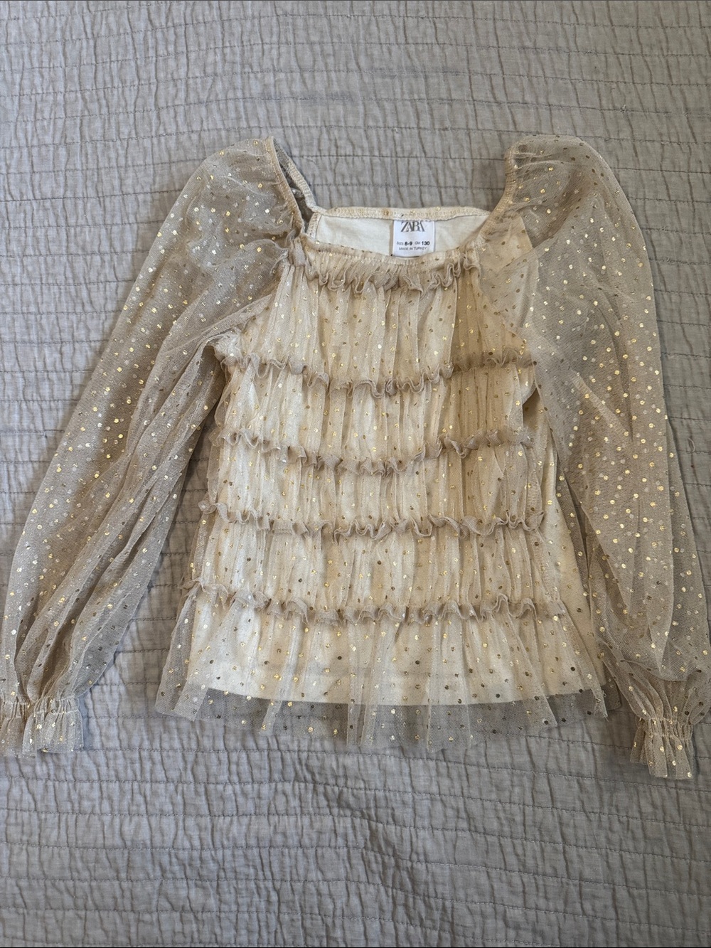 ZARA Champagne Gold Polka Dot Ruffle Tulle Top